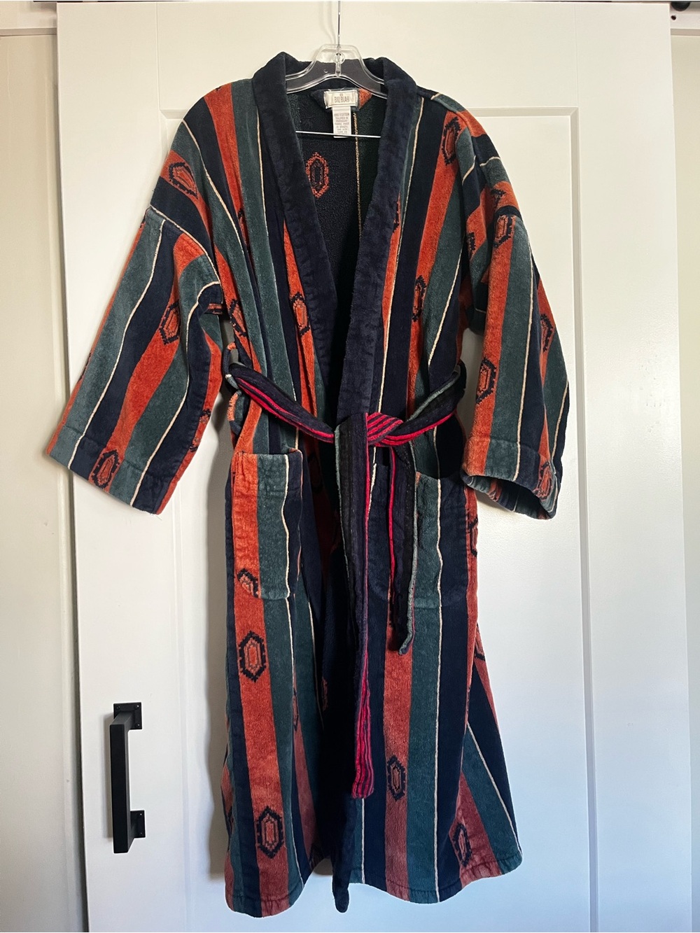 Vintage 1980s Bill Blass Southwestern Striped Terry Cloth Robe (W/ Belt) Brazil